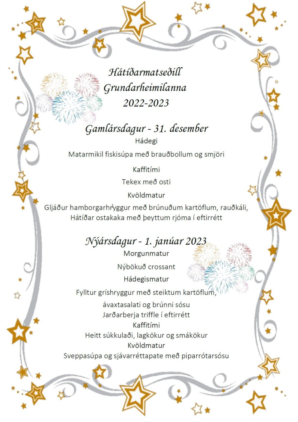 Áramótamatseðill Grundarheimilanna 2022-2023
